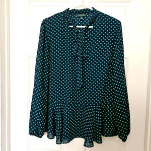 Lauren Ralph Lauren long sleeve tie neck peplum blouse, polka dot, women's large